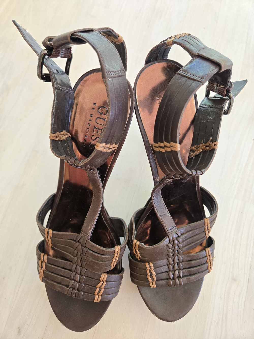 GUESS Dark Brown Strappy Woven Leather Heels